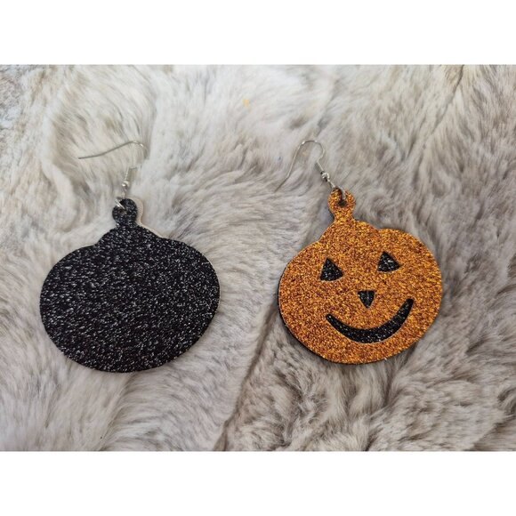 Halloween-Themed Faux Leather Pumpkin Earrings - Picture 1 of 4